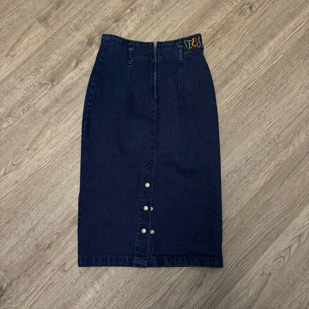 Steel Jeans Vintage Denim Midi Skirt Dark Wash High Waist Front Slit Size 9